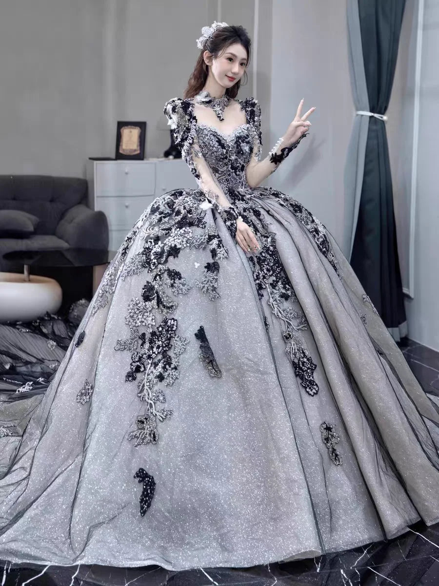 Customized 100% Real Photos 2026 New Long Sleeved Slimming Bridal Black Wedding Dress, Bali Wedding Lawn Wedding Main Veil