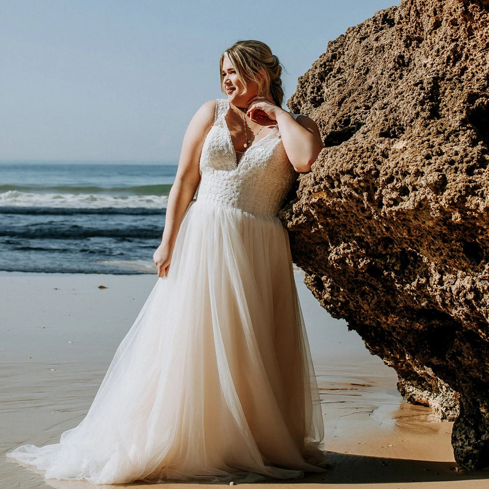 Classic Wedding Dresses Plus Size 2025 Women V-Neck Sleeveless Lace Up Bride Gowns Tulle A-Line Sweep Train فستان حفلا