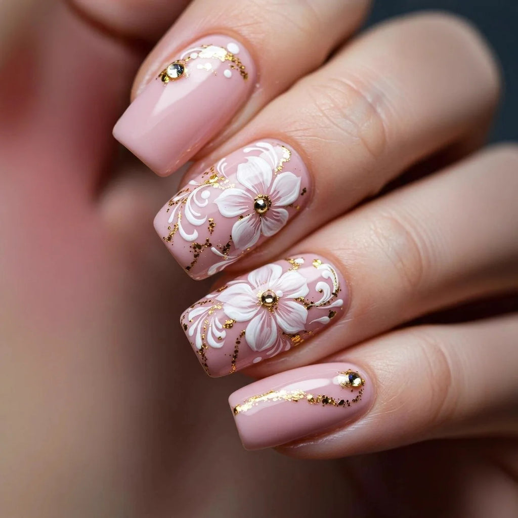 24PCS Gentle Matte Cherry Blossom Fake Nails Ballet Press on Nails Hand Painted European American Design Ins Style False Nails