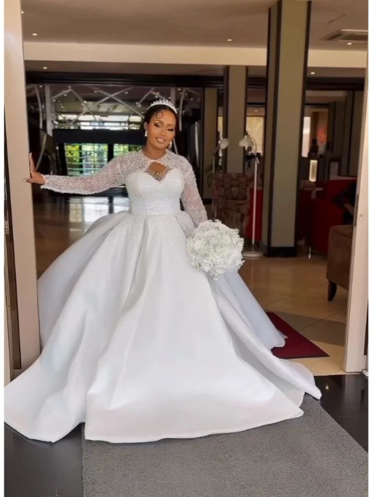 Customized 2026 Large Skirt Wedding Dress Brown Skin Satin Long Sleeved Pearl Lace Puffy Dress Vestido De Novia Wedding Dress