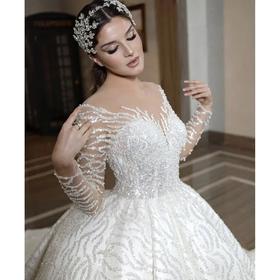 Luxury Sweetheart Sparkling Wedding Dress Elegant Long Sleeve A-line Princess Prom Dresses Floor Down Custom Bridal Dress