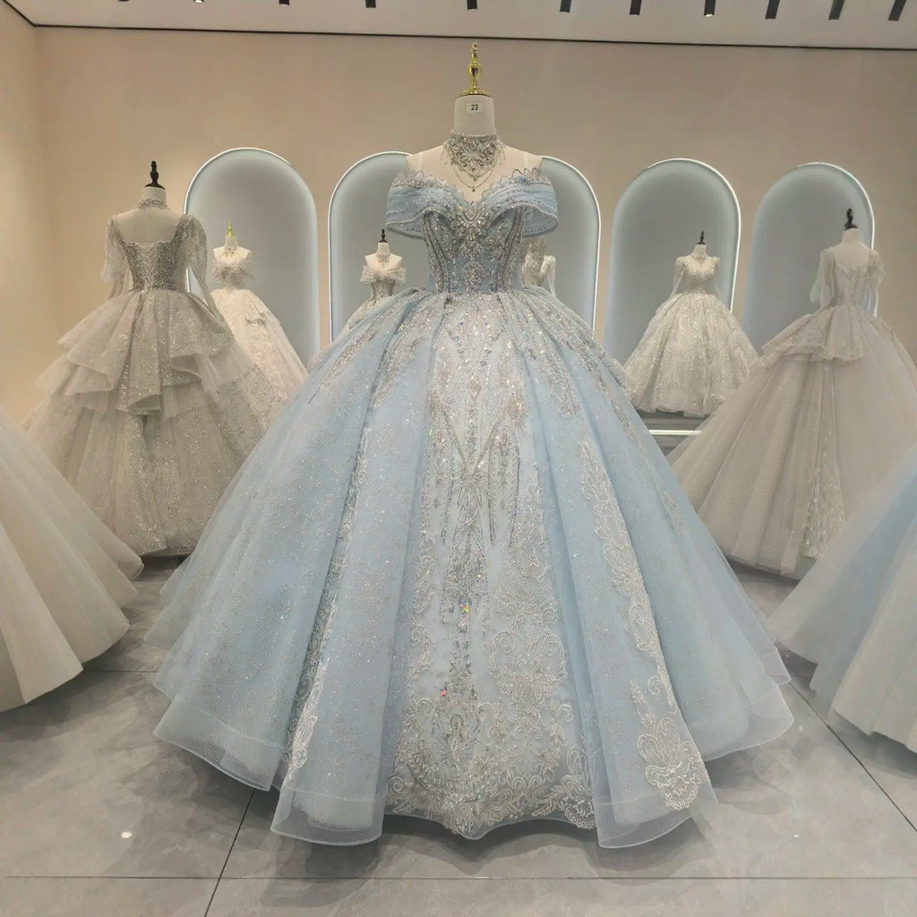 It's Yiiya High Quality Wedding Dress Sky blue Beads Off shoulder Princess Floor Length Plus size Customized Bride Gowns CC001