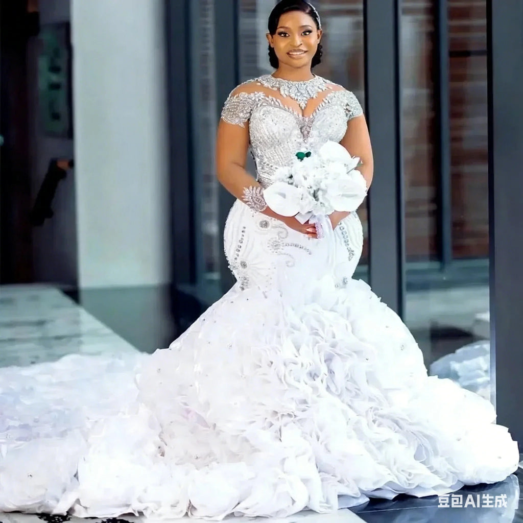 Customized 2026 Long Sleeves Mermaid Wedding Dress For Bride Marriage Organza Tiered Crystals Bead African Aso Ebi Bridal Gown