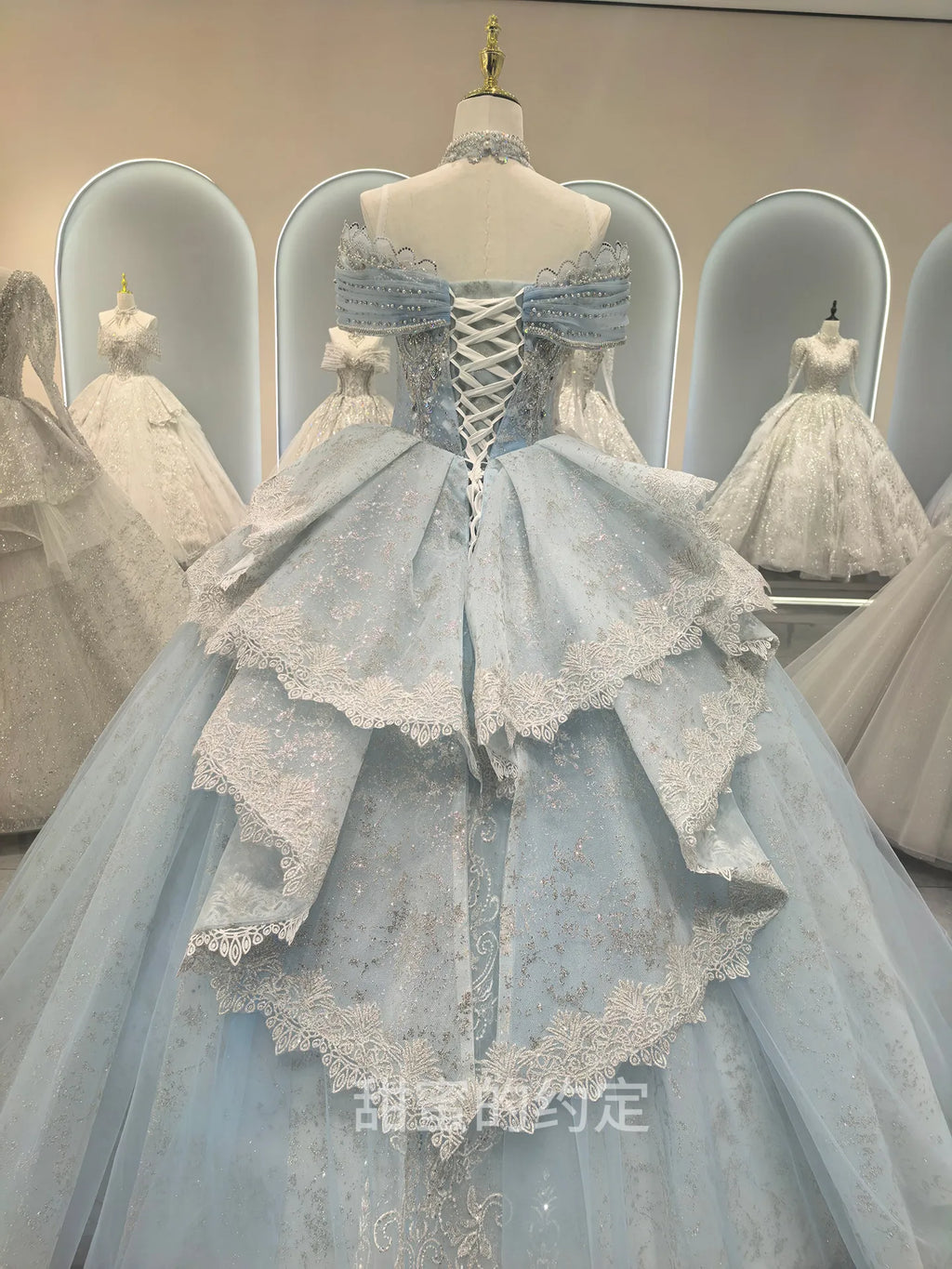 It's Yiiya High Quality Wedding Dress Sky blue Beads Off shoulder Princess Floor Length Plus size Customized Bride Gowns CC001