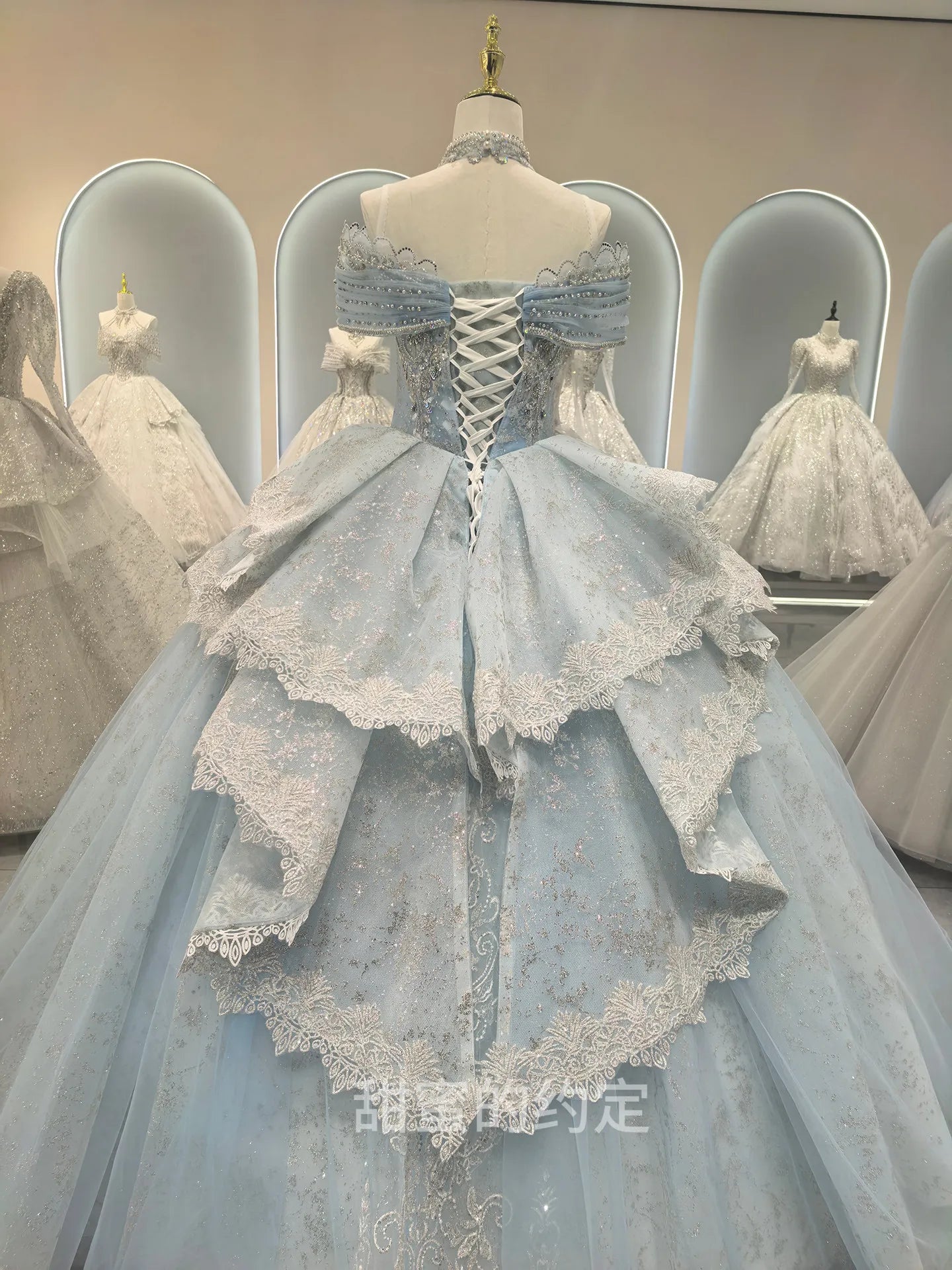 It's Yiiya High Quality Wedding Dress Sky blue Beads Off shoulder Princess Floor Length Plus size Customized Bride Gowns CC001