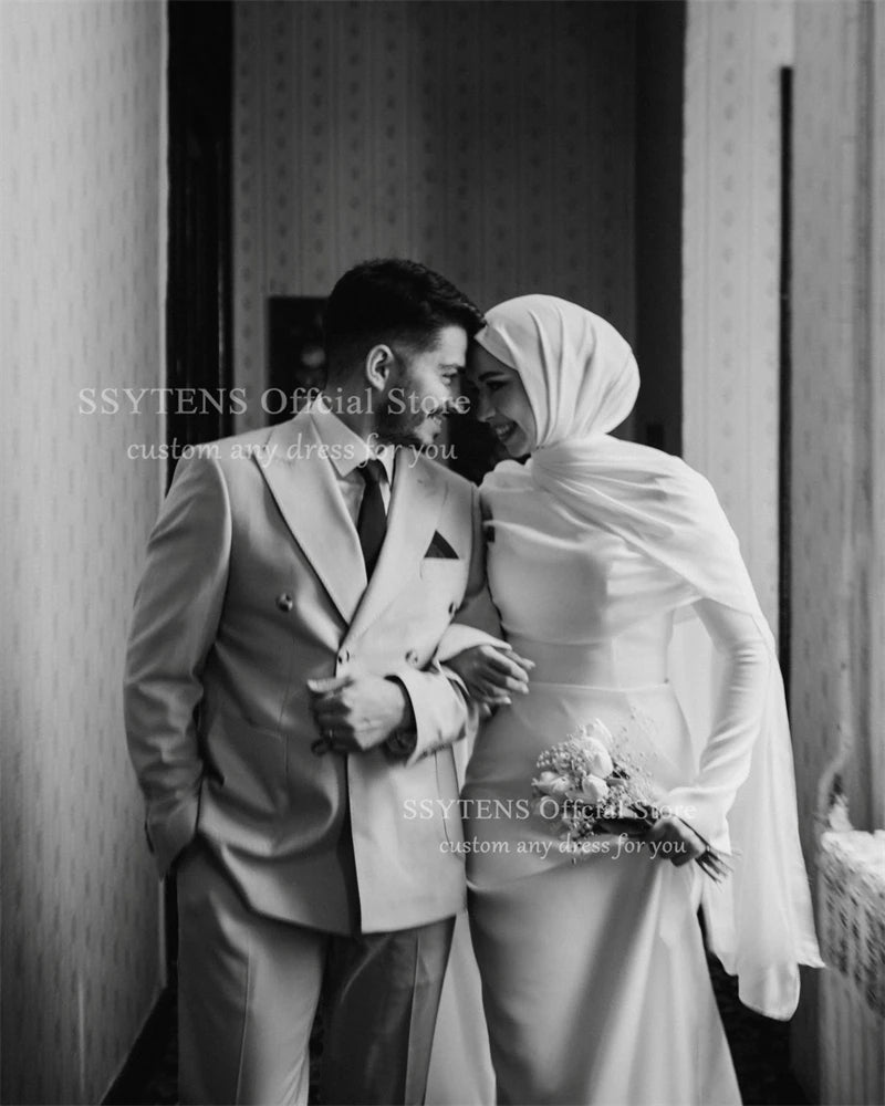 SSYTENS Elegant lvory Wedding Dresses Satin High Neck Full Sleeves Mermaid Bridal Gown Sweap Train Modest Bride Dress Customized