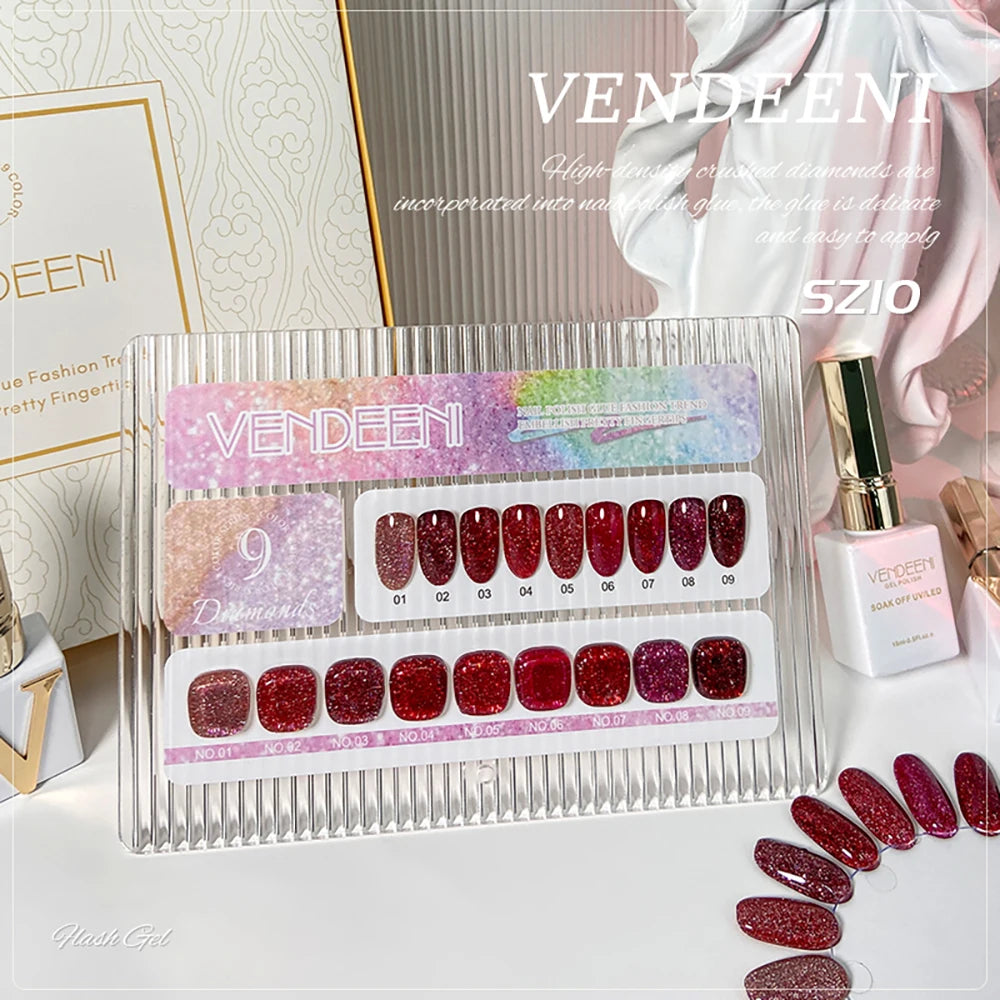 Vendeeni 9 Colors/Set Glitter Broken Diamond Gel Nail Polish UV LED Soak Off Gel Lacquer Green Purple Red Flash Gel With Display