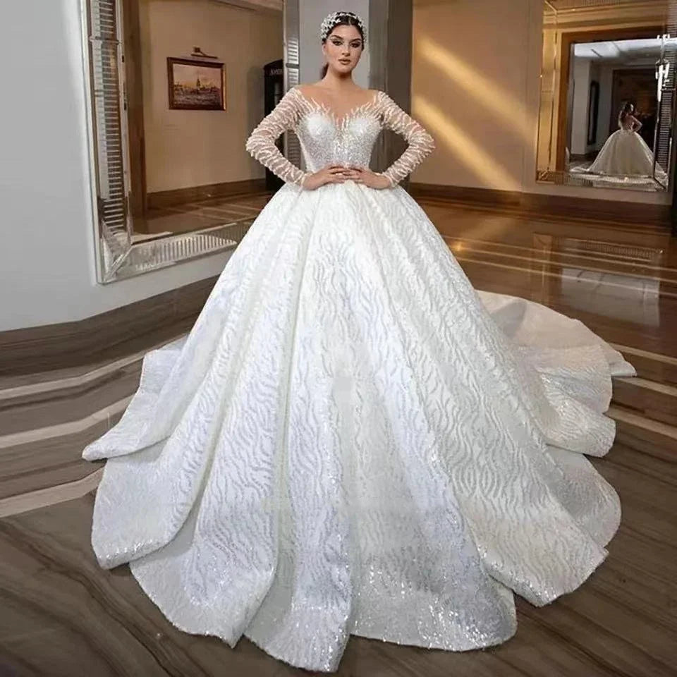 Luxury Sweetheart Sparkling Wedding Dress Elegant Long Sleeve A-line Princess Prom Dresses Floor Down Custom Bridal Dress