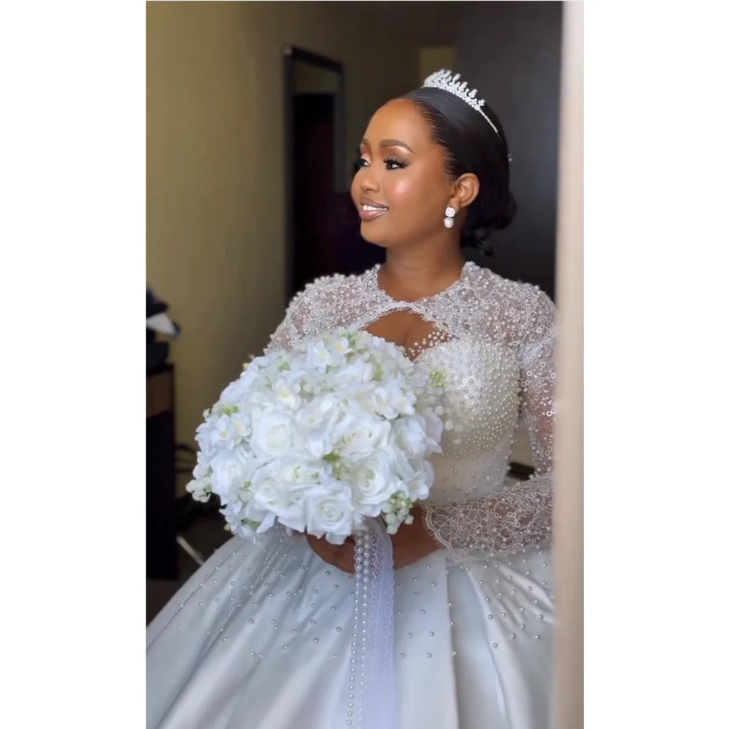 Customized 2026 Large Skirt Wedding Dress Brown Skin Satin Long Sleeved Pearl Lace Puffy Dress Vestido De Novia Wedding Dress