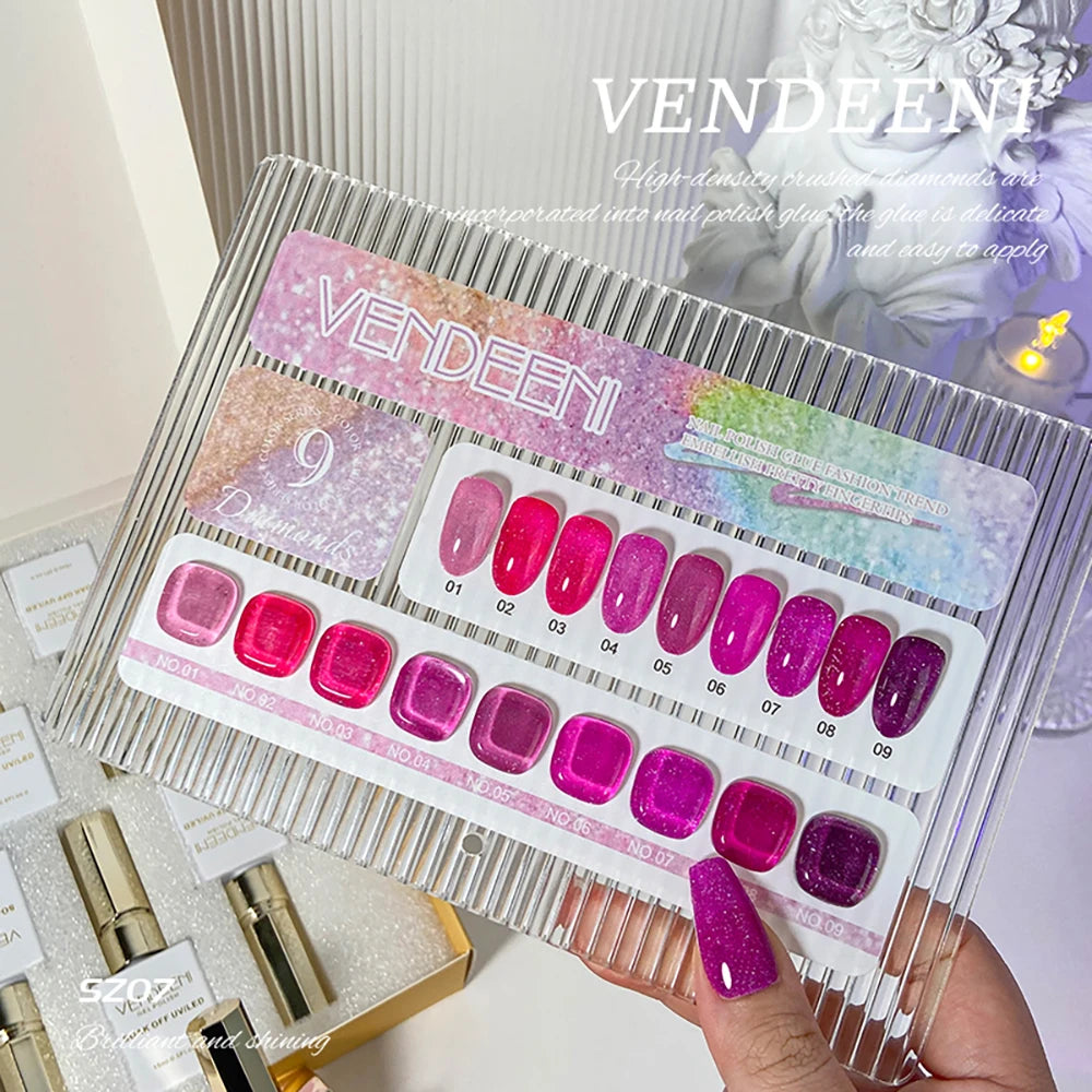 Vendeeni 9 Colors/Set Glitter Broken Diamond Gel Nail Polish UV LED Soak Off Gel Lacquer Green Purple Red Flash Gel With Display