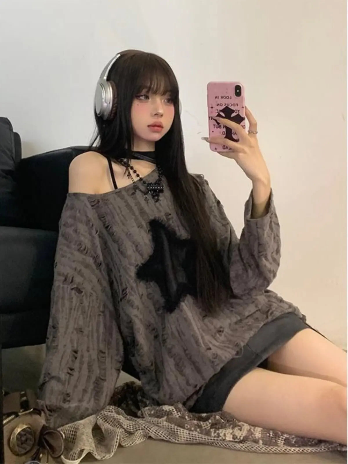 Fashion Streetwear Kpop Pullover Tops Hole Star Loose Y2K T-Shirt for Women O-Neck Drawstring Long Sleeve Top