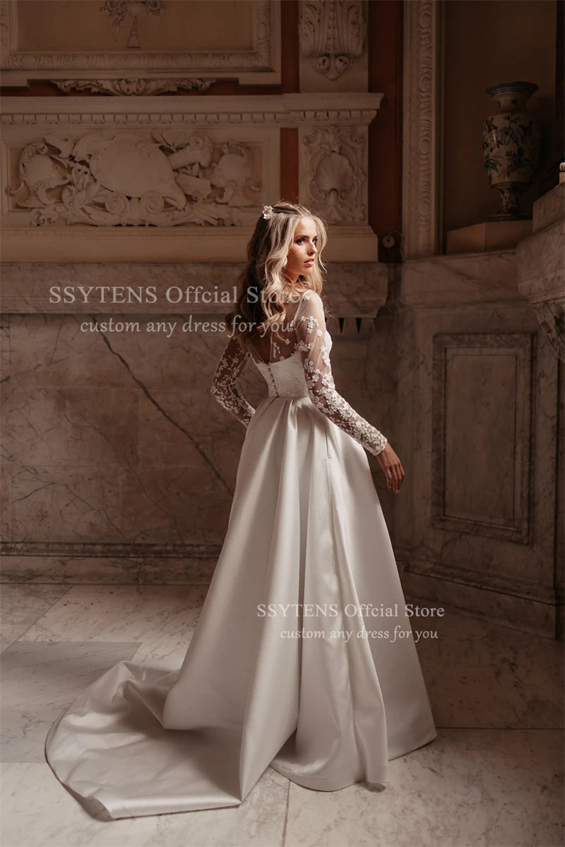 SSYTENS Elegant A Line Wedding Dresses White Appliques Bridal Gowns Illusion Long Sleeve Customized Corset Bride Dresses 2026