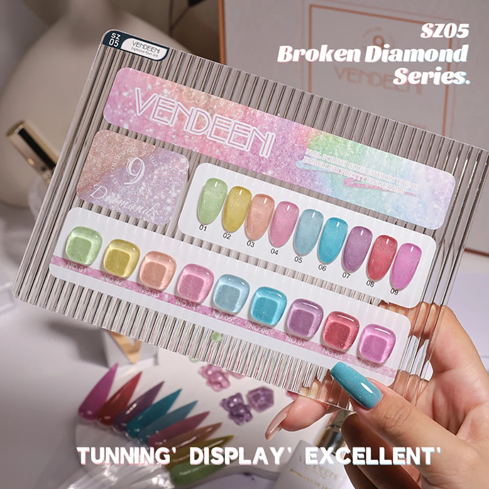 Vendeeni 9 Colors/Set Glitter Broken Diamond Gel Nail Polish UV LED Soak Off Gel Lacquer Green Purple Red Flash Gel With Display