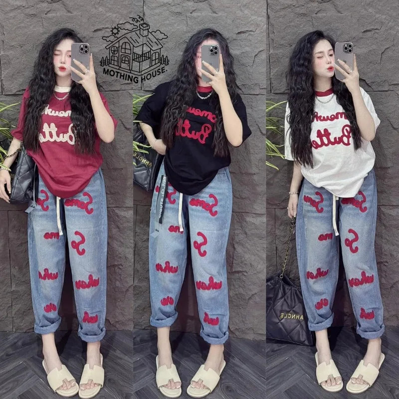 Retro Fashion Suit Women's Summer New Letter Printing Short-sleeved Milk Silk Wide-leg Pants Two-piece Set