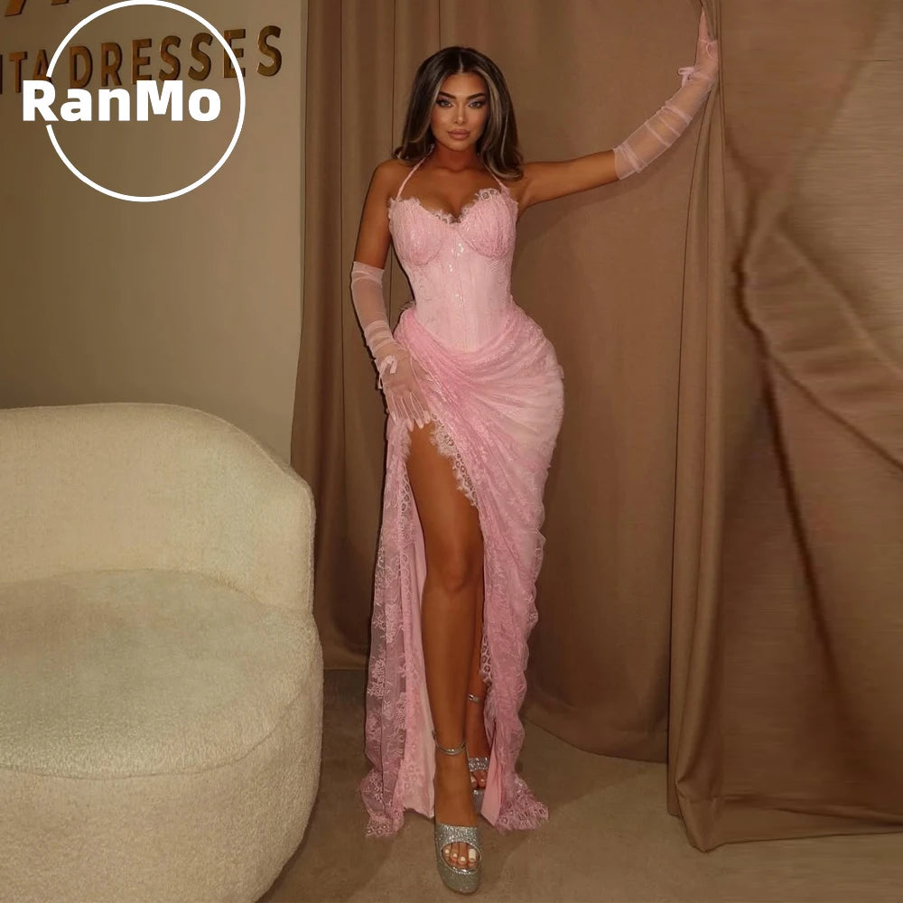 Ranmo Side Slit Formal  Evening Dresses for Special Occasions 2026 Customized Elegant Party Dresses Pink Embroidered Lace Dress