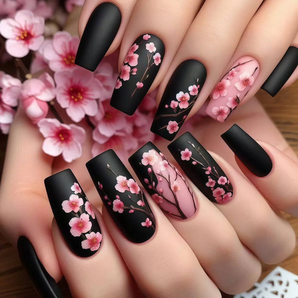24PCS Gentle Matte Cherry Blossom Fake Nails Ballet Press on Nails Hand Painted European American Design Ins Style False Nails