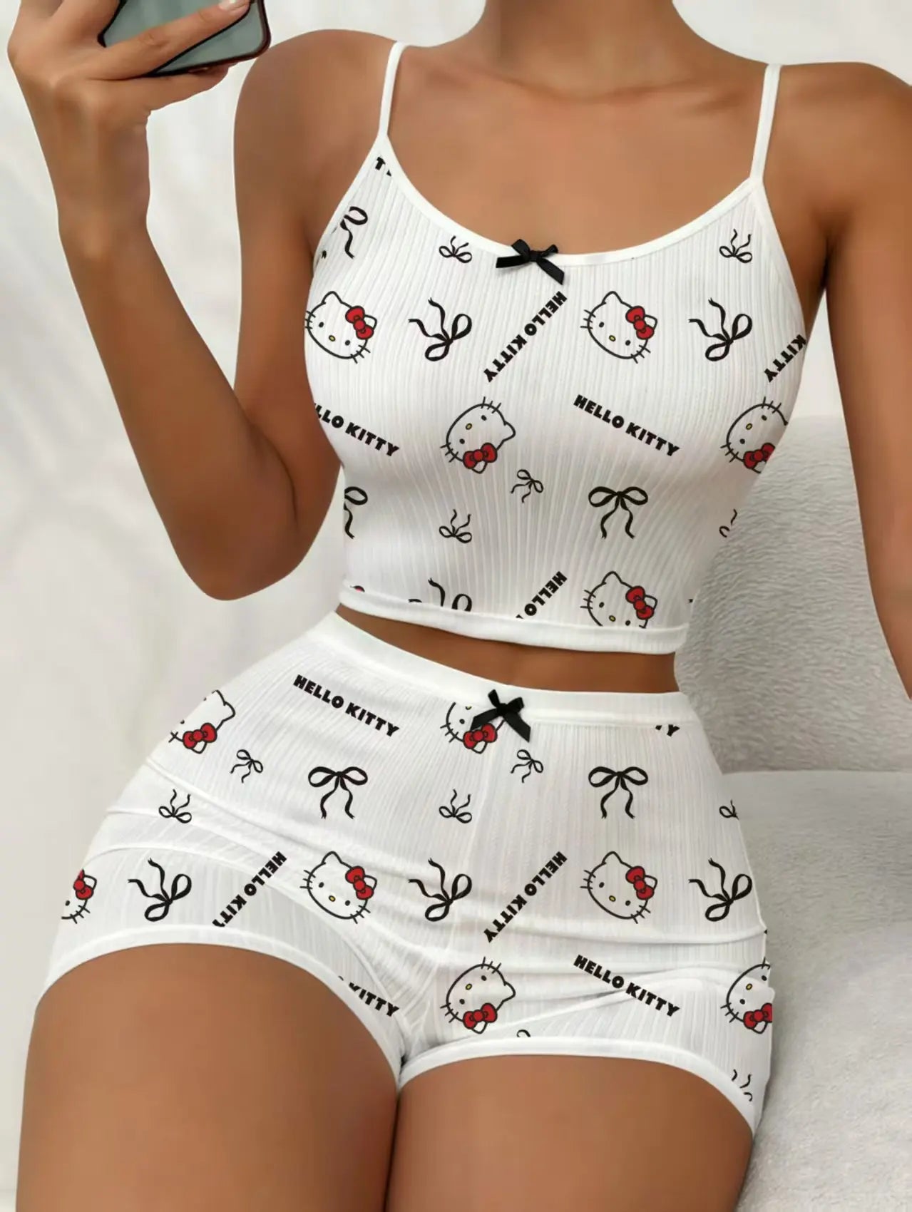 Sanrio Hello Kitty Bowknot Suspender Top Shorts Casual 2pcs Pajama Set Fashionable Thin Shoulder Strap Sexy Sleepwear Soft Pj