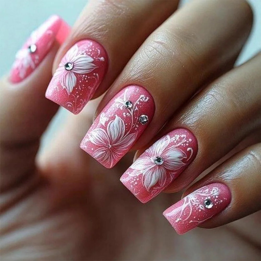 24PCS Gentle Matte Cherry Blossom Fake Nails Ballet Press on Nails Hand Painted European American Design Ins Style False Nails