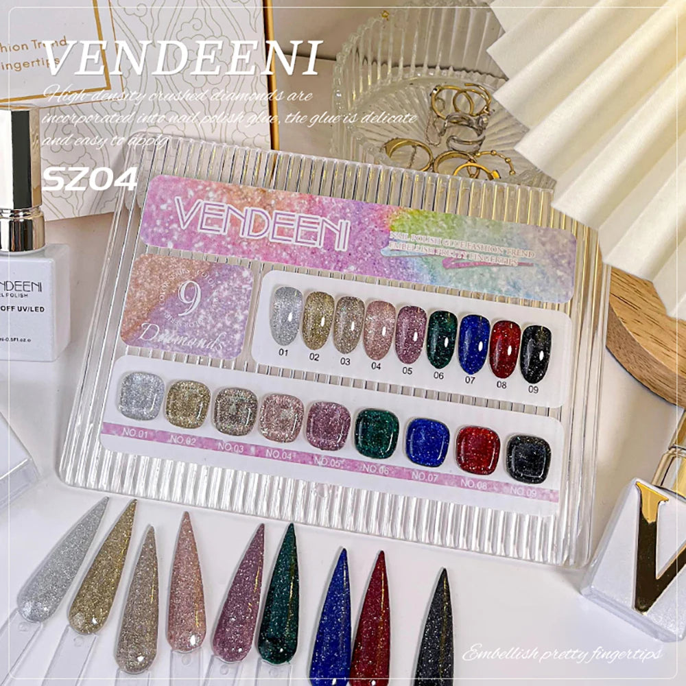 Vendeeni 9 Colors/Set Glitter Broken Diamond Gel Nail Polish UV LED Soak Off Gel Lacquer Green Purple Red Flash Gel With Display