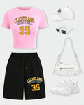 Cleveland Basketball 35 Women Crop T Shirts Set Casual Cotton T-Shirt Drawstring Summer Pocket Pant Wide-Leg Short Pants