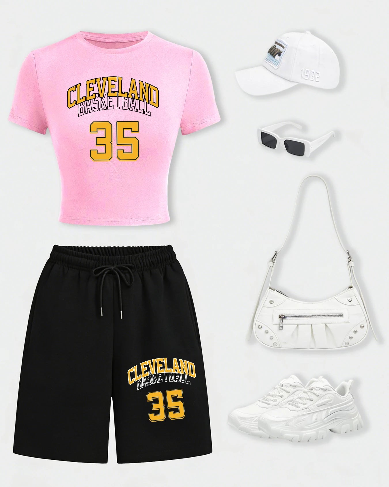 Cleveland Basketball 35 Women Crop T Shirts Set Casual Cotton T-Shirt Drawstring Summer Pocket Pant Wide-Leg Short Pants