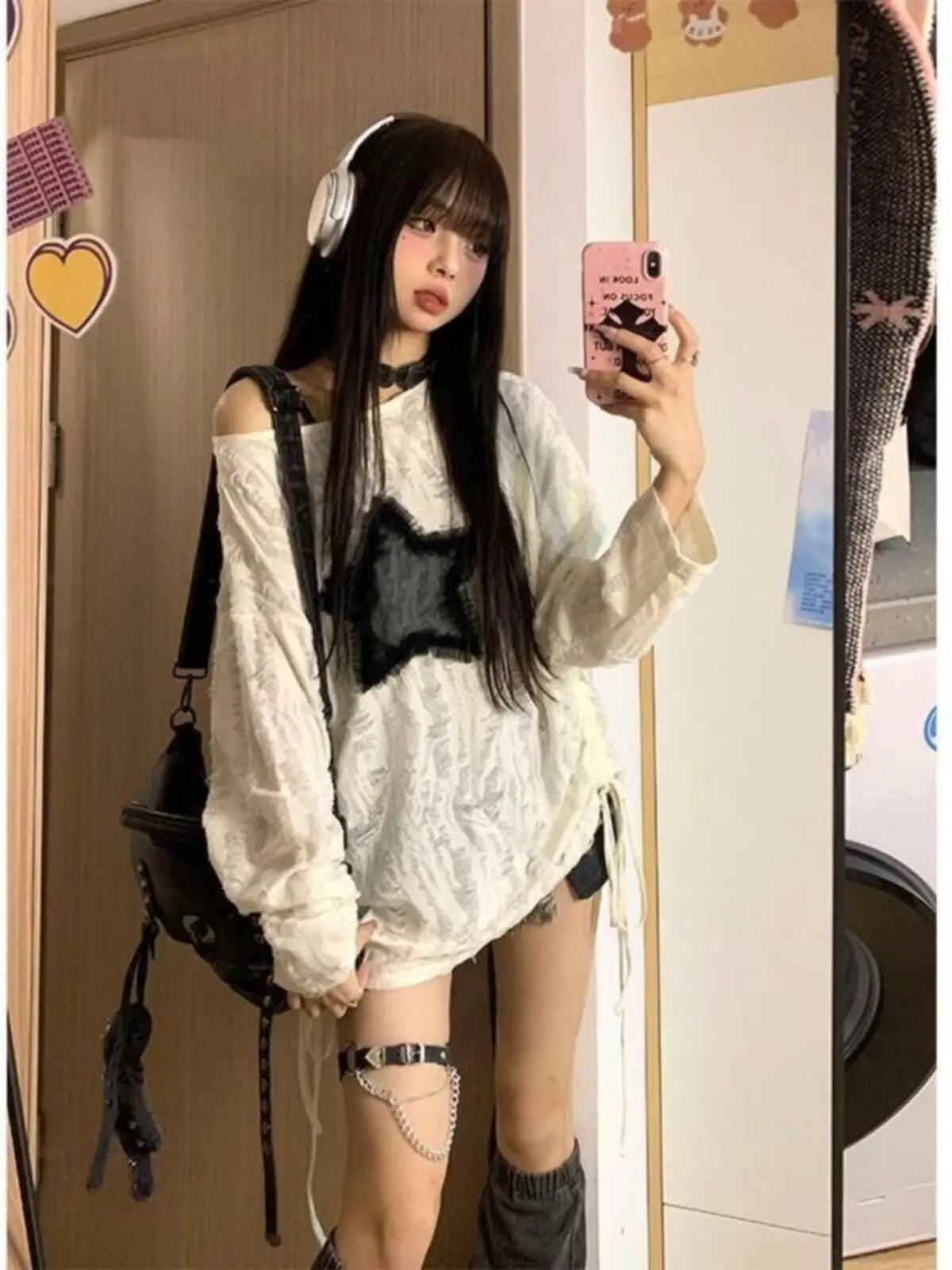 Fashion Streetwear Kpop Pullover Tops Hole Star Loose Y2K T-Shirt for Women O-Neck Drawstring Long Sleeve Top