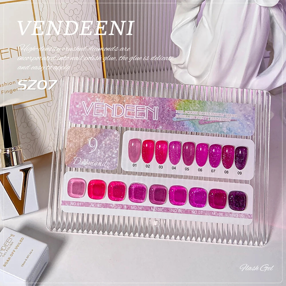 Vendeeni 9 Colors/Set Glitter Broken Diamond Gel Nail Polish UV LED Soak Off Gel Lacquer Green Purple Red Flash Gel With Display