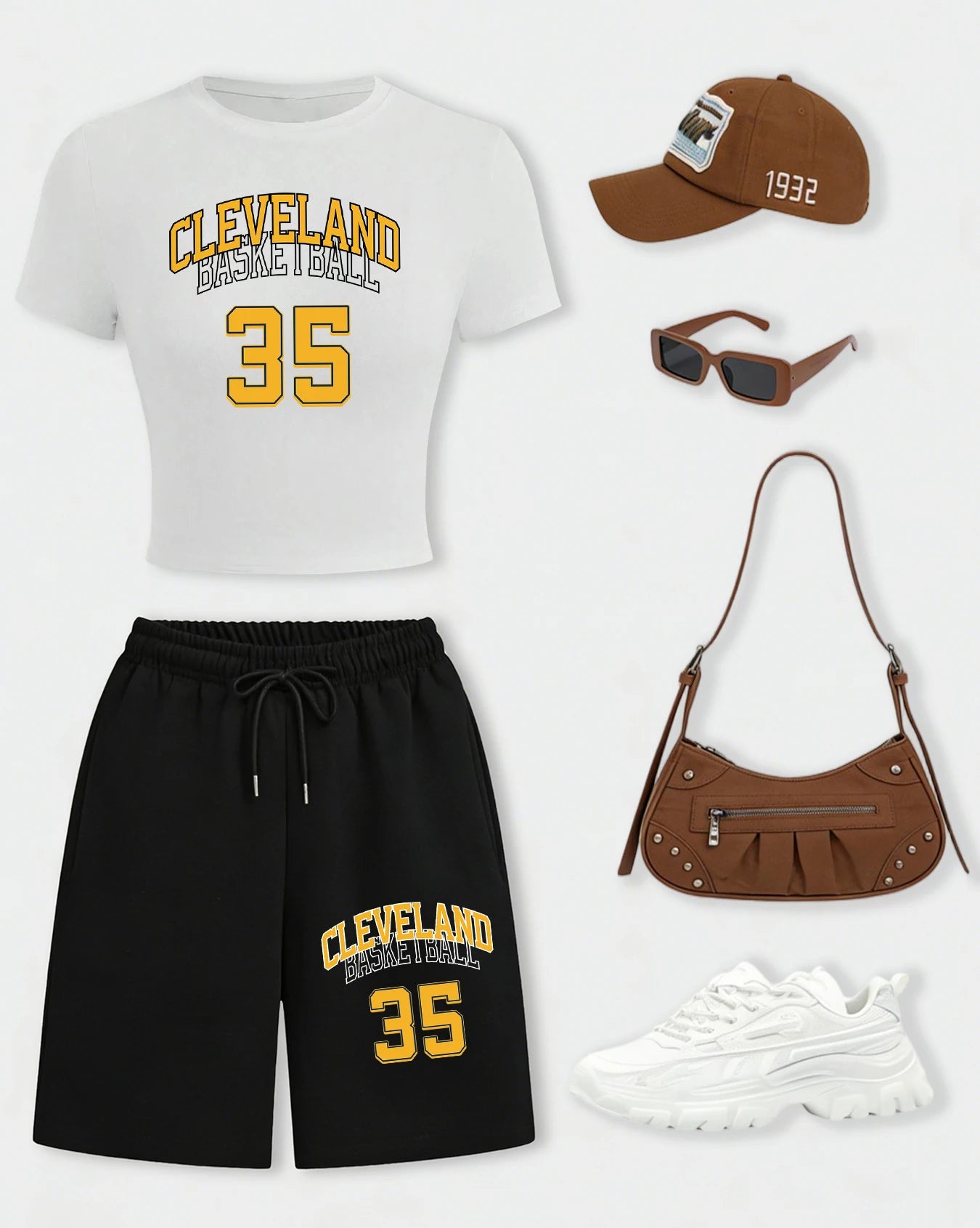 Cleveland Basketball 35 Women Crop T Shirts Set Casual Cotton T-Shirt Drawstring Summer Pocket Pant Wide-Leg Short Pants