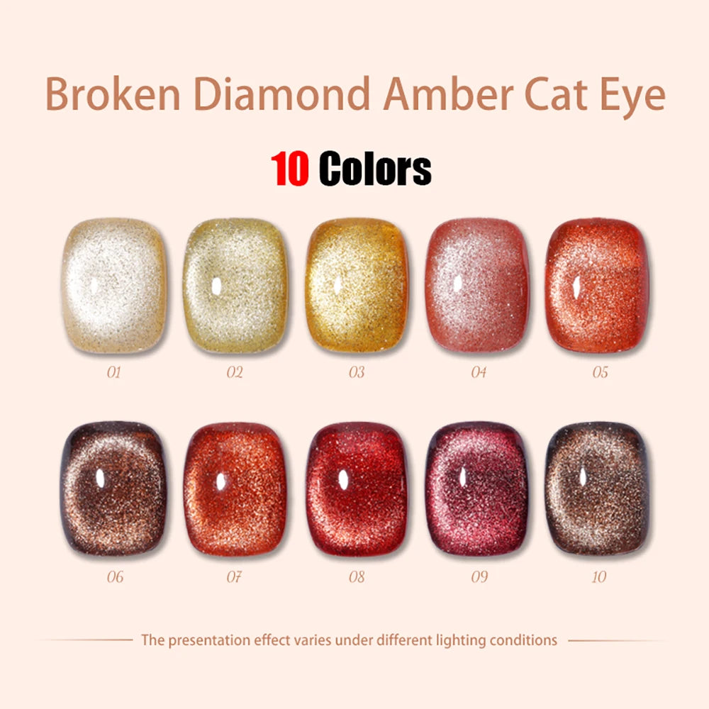 Vendeeni 10 Colors Amber Broken Diamond Cat Eye Gel Nail Polish Glitter Magnetic UV Soak Off Gel Varnish Reflective Gel Lacquer