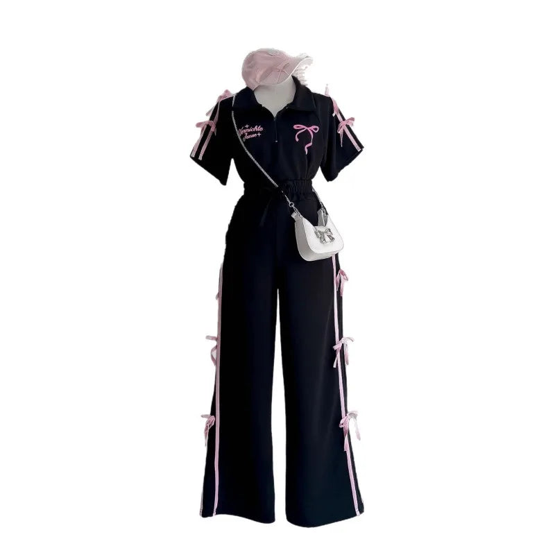 Sweet Suit Women's Summer New Bow-tie Printed POLO Shirt Short-sleeved Wide-leg Trousers Two-piece Set