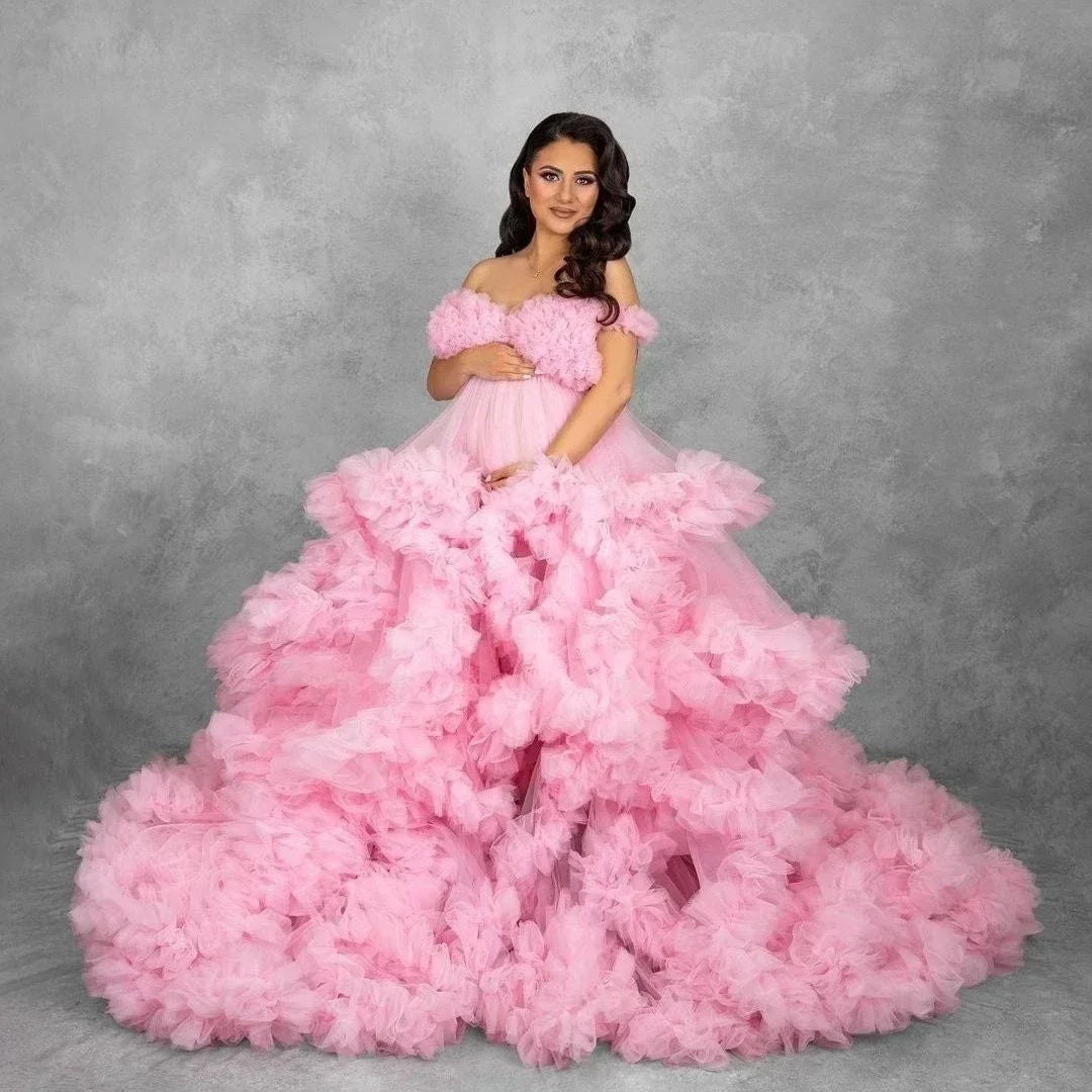 Maternity Dresses Customized Photoshoot Tiered Ruffles Pregnant Women Gowns Baby Shower Off Shoulder Front Slit Bridal Sleepwear