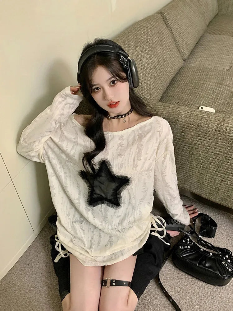 Fashion Streetwear Kpop Pullover Tops Hole Star Loose Y2K T-Shirt for Women O-Neck Drawstring Long Sleeve Top