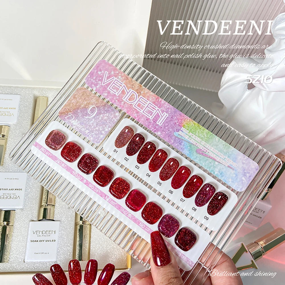 Vendeeni 9 Colors/Set Glitter Broken Diamond Gel Nail Polish UV LED Soak Off Gel Lacquer Green Purple Red Flash Gel With Display