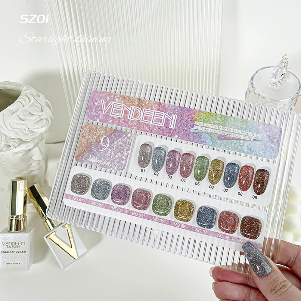 Vendeeni 9 Colors/Set Glitter Broken Diamond Gel Nail Polish UV LED Soak Off Gel Lacquer Green Purple Red Flash Gel With Display