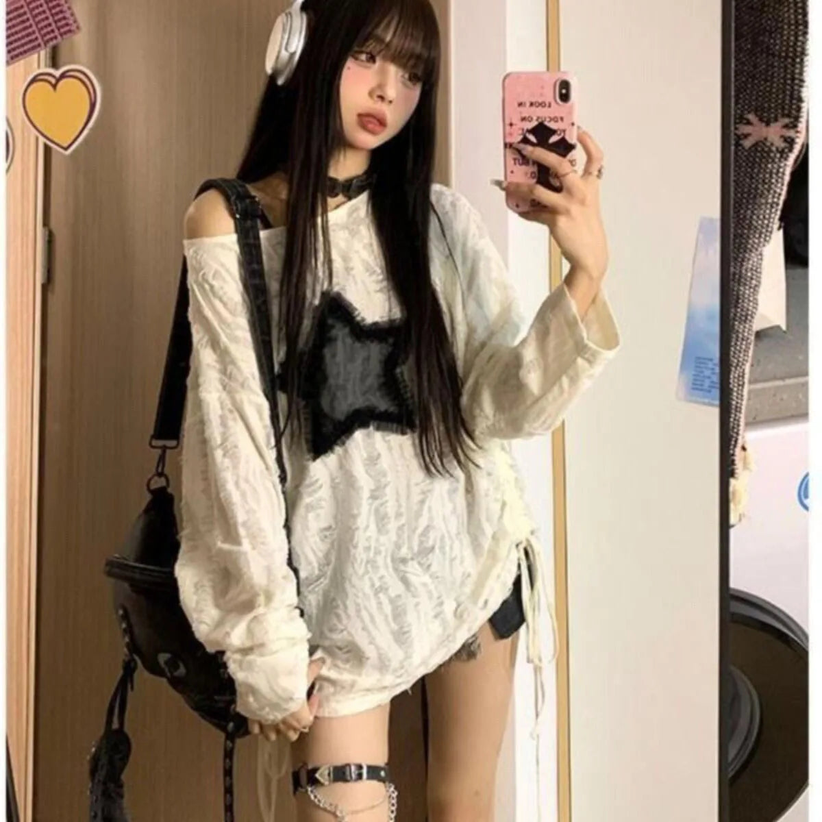 Fashion Streetwear Kpop Pullover Tops Hole Star Loose Y2K T-Shirt for Women O-Neck Drawstring Long Sleeve Top