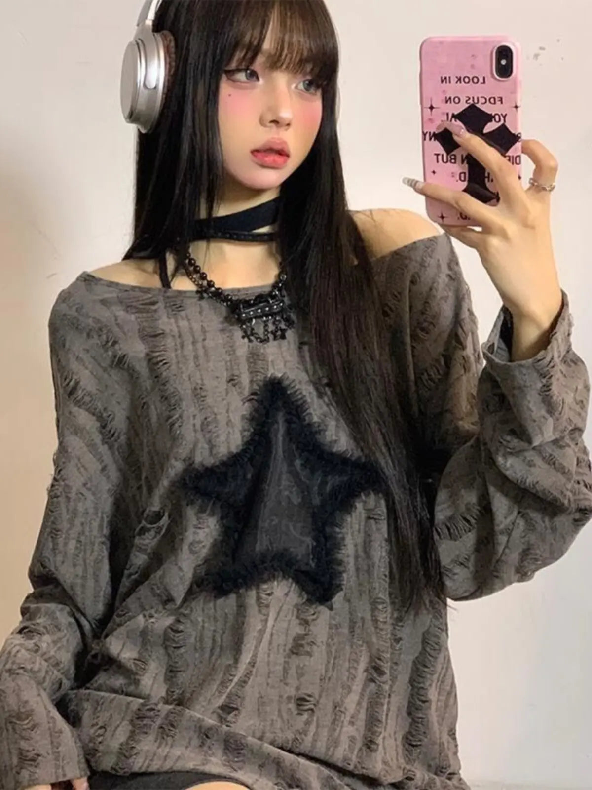 Fashion Streetwear Kpop Pullover Tops Hole Star Loose Y2K T-Shirt for Women O-Neck Drawstring Long Sleeve Top