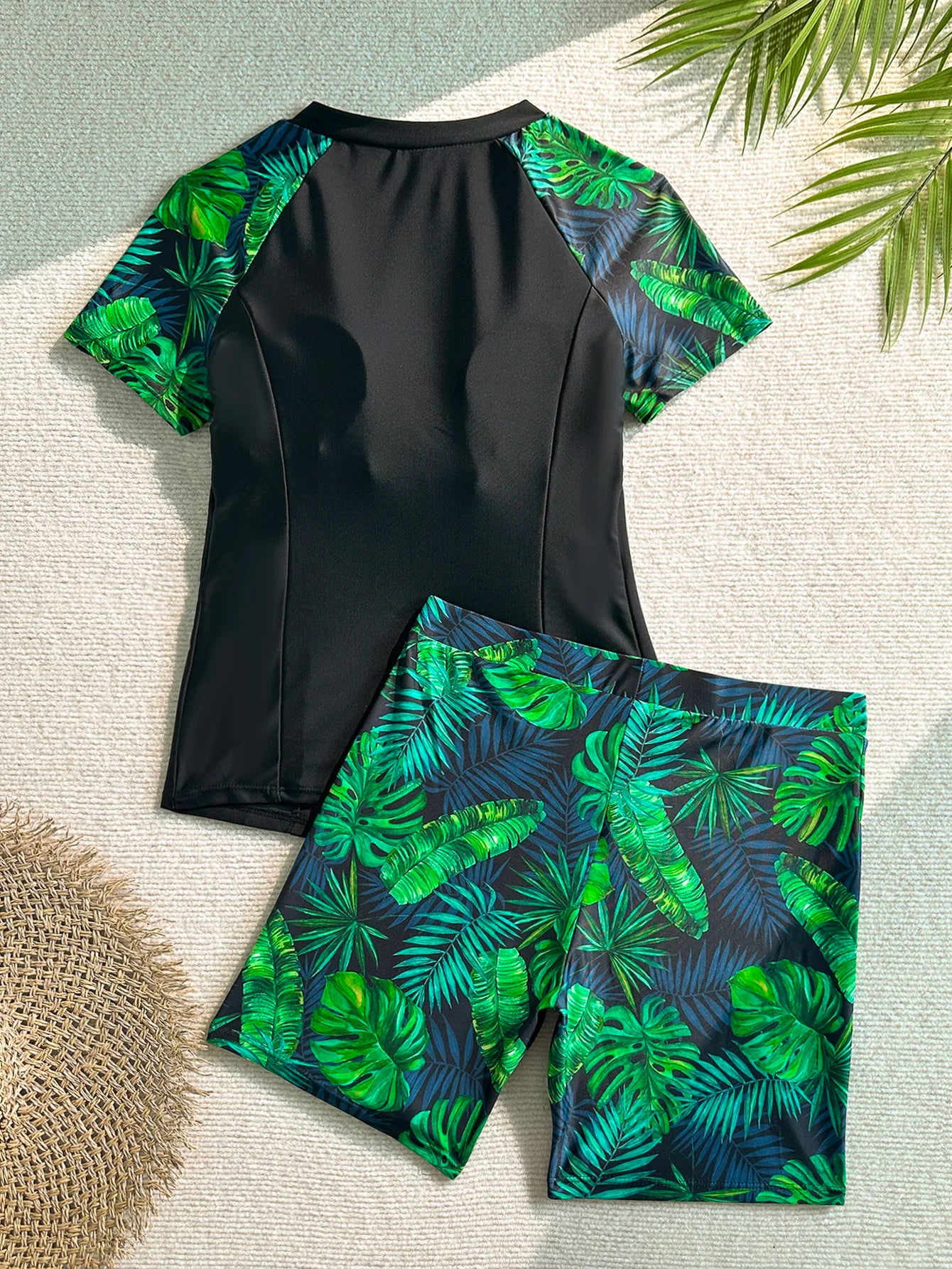 Women's Tankini Swimsuit Set, Two-Piece Swimsuit, Short-Sleeved Beach Vacation Conservative Slim-Fit Tropical Plant Print Boxer Shorts Sporty Fashion Swimwear