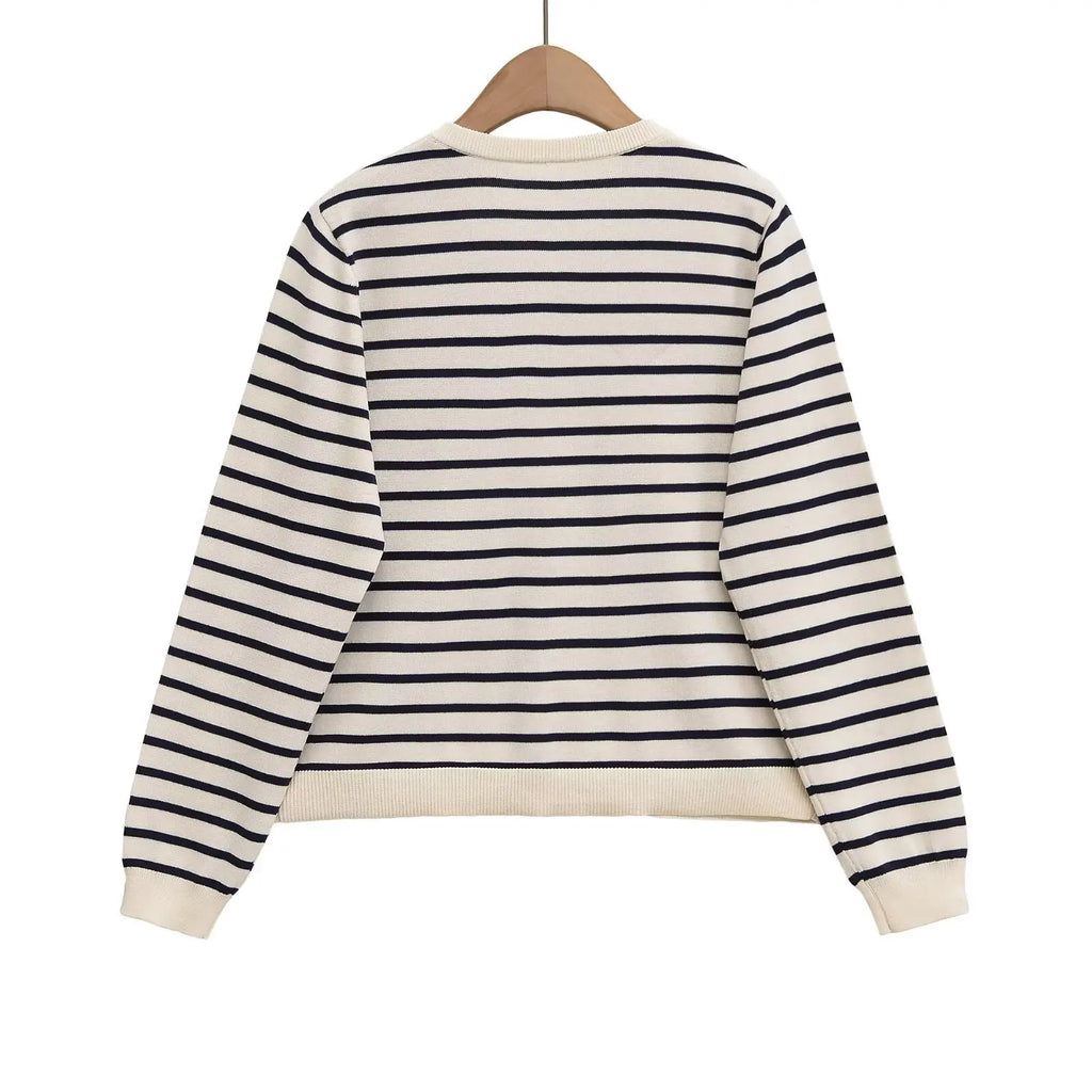 Withered 2026 Fashion New Product Striped Knitted Cardigan Versatile Round Neck Buckle Long Sleeve Coat