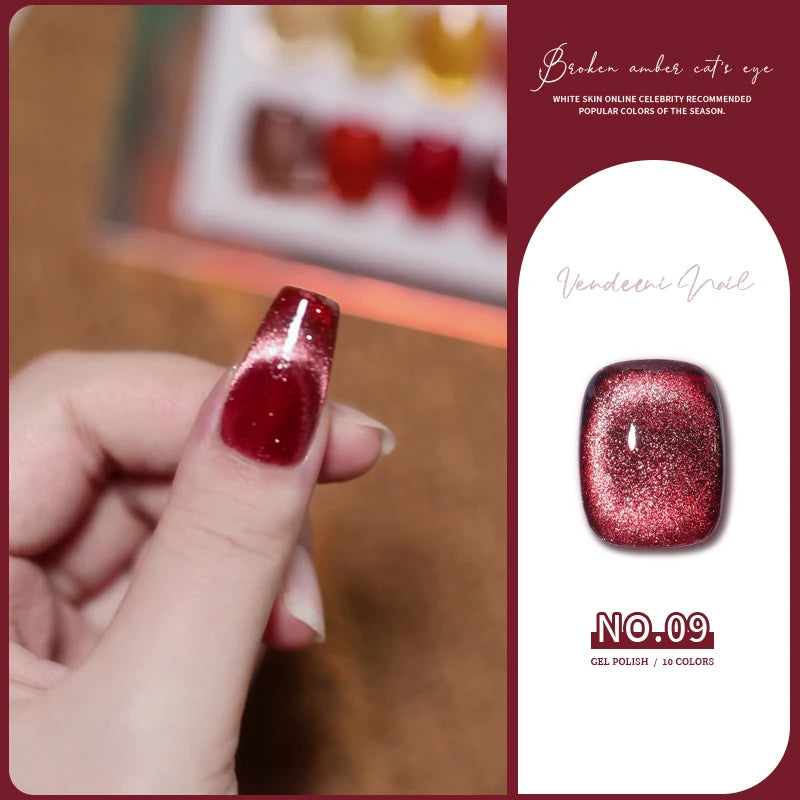 Vendeeni 10 Colors Amber Broken Diamond Cat Eye Gel Nail Polish Glitter Magnetic UV Soak Off Gel Varnish Reflective Gel Lacquer