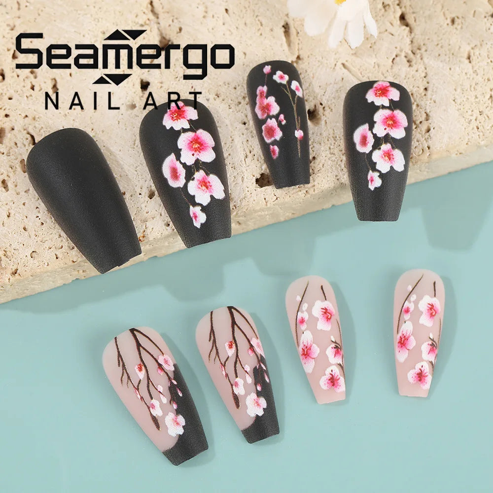 24PCS Gentle Matte Cherry Blossom Fake Nails Ballet Press on Nails Hand Painted European American Design Ins Style False Nails
