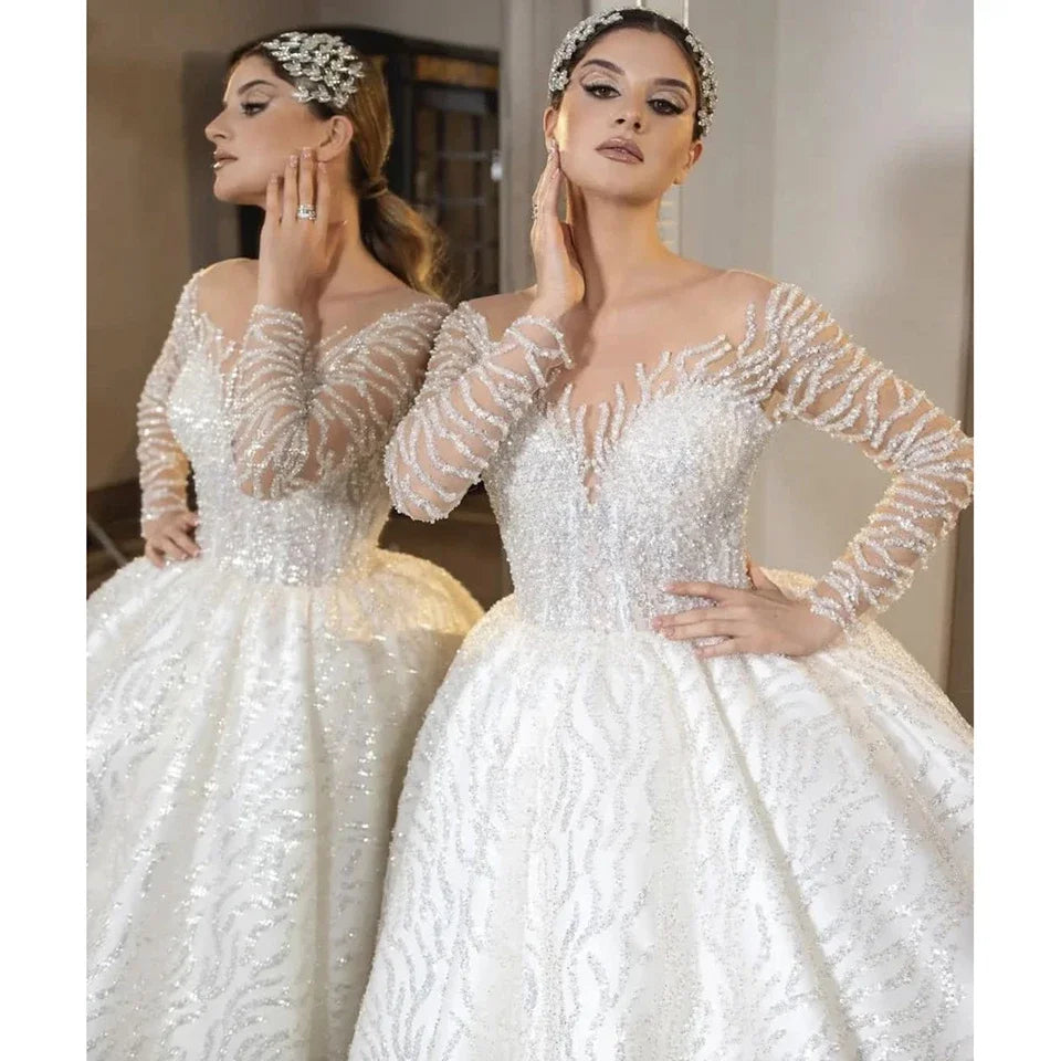 Luxury Sweetheart Sparkling Wedding Dress Elegant Long Sleeve A-line Princess Prom Dresses Floor Down Custom Bridal Dress