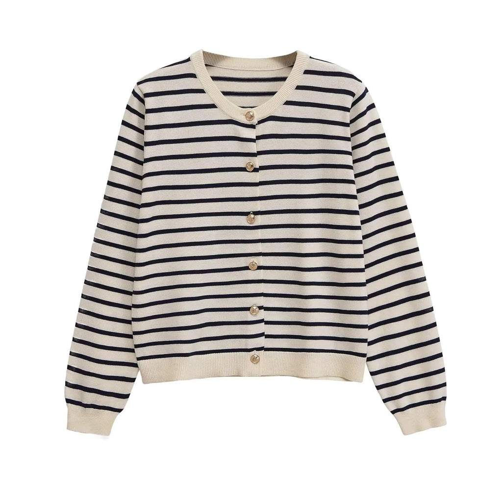 Withered 2026 Fashion New Product Striped Knitted Cardigan Versatile Round Neck Buckle Long Sleeve Coat