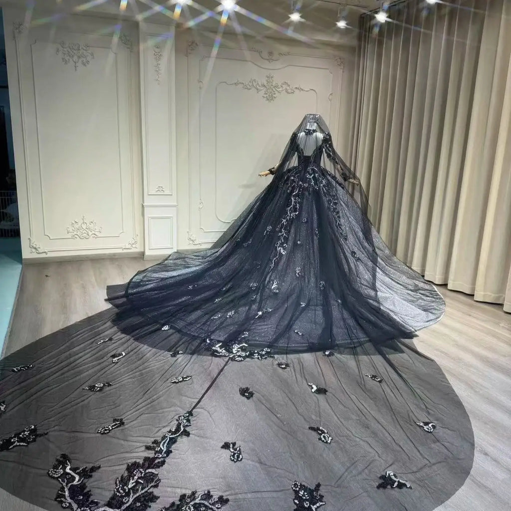 Customized 100% Real Photos 2026 New Long Sleeved Slimming Bridal Black Wedding Dress, Bali Wedding Lawn Wedding Main Veil