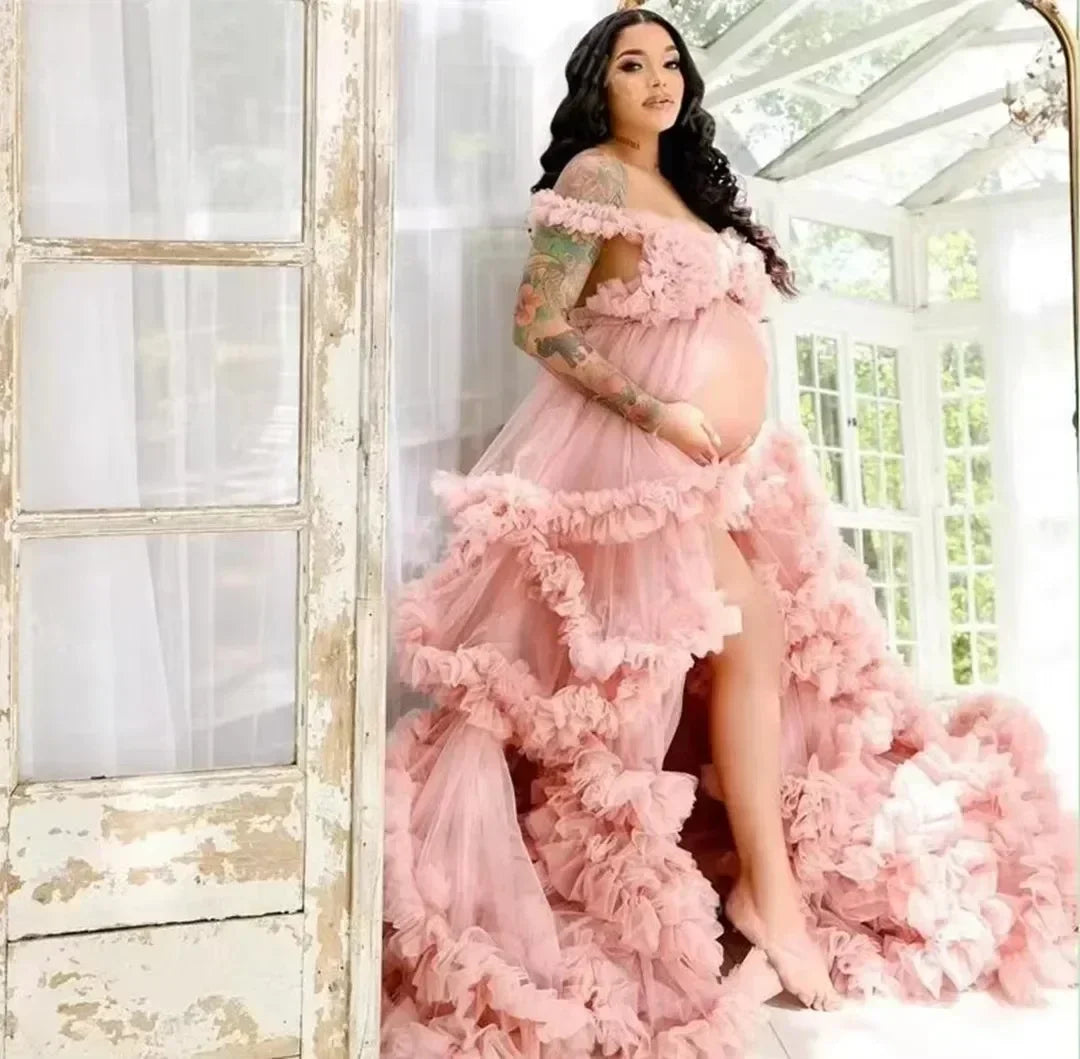 Maternity Dresses Customized Photoshoot Tiered Ruffles Pregnant Women Gowns Baby Shower Off Shoulder Front Slit Bridal Sleepwear